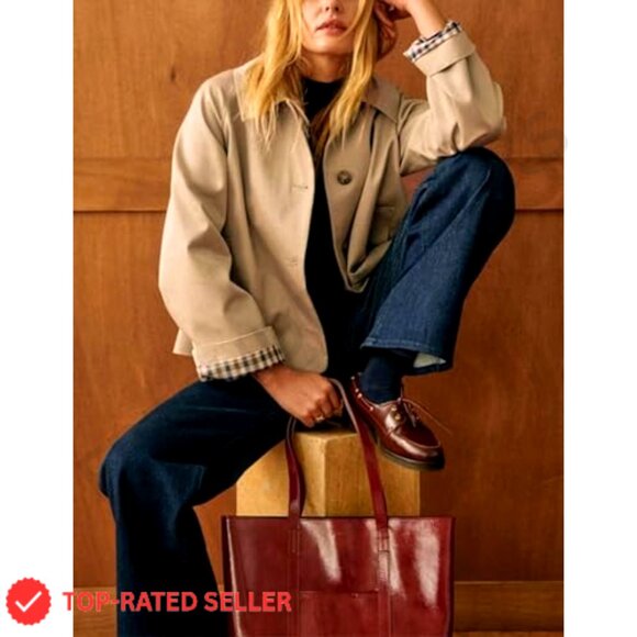 Oversized Trench Coat with Plaid Lining Lapel Casual Crop Jacket - Picture 5 of 7